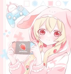  1girl animal_hood blonde_hair character_name circle closed_mouth commentary_request commission controller crew_neck double-parted_bangs dualshock food-themed_hair_ornament game_controller hair_ornament hair_over_shoulder handheld_game_console hands_up holding holding_handheld_game_console hood hood_up hooded_jacket ichigono_parfait indie_virtual_youtuber jacket konkave_linse long_hair long_sleeves looking_at_viewer nintendo_switch open_clothes open_jacket pink_jacket playstation_controller plus_sign rabbit rabbit_hood red_eyes shirt sidelocks smile solo square sticker strawberry_hair_ornament triangle upper_body virtual_youtuber white_shirt 