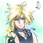  androgynous bad_id bare_shoulders blonde_hair blue_eyes bow choker cloud_strife final_fantasy final_fantasy_vii flower gloves popped_collar shinzui_(fantasysky7) single_wing smile solo squid translation_request wings 