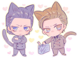  2boys ahoge animal_ears beard black_eyes blue_eyes briefcase brown_eyes cat_ears cat_tail chibi commentary_request crossed_arms dojima_daigo eyelashes facial_hair hair_slicked_back kemonomimi_mode male_focus mine_yoshitaka mullet multiple_boys necktie pastel_colors pinstripe_pattern pinstripe_suit ryuu_ga_gotoku_(series) ryuu_ga_gotoku_3 suit tail tyag53 