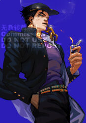  1boy belt black_coat black_hair black_hat chain chinese_commentary cigarette coat commentary_request denisefanta gakuran hat highres holding holding_lighter jojo_no_kimyou_na_bouken kujo_jotaro lighter looking_at_viewer male_focus multiple_belts purple_shirt school_uniform shirt simple_background smoking solo stardust_crusaders 