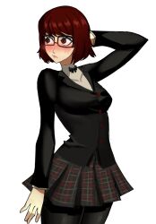  1girl absurdres arm_up black-framed_eyewear black_bow black_bowtie black_pantyhose black_skirt blush bow bowtie breasts brown_eyes brown_hair chaosoded closed_mouth commentary english_commentary glasses highres large_breasts lips long_sleeves pantyhose persona persona_5 pleated_skirt rectangular_eyewear skirt solo sweat swept_bangs yoshizawa_kasumi 