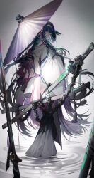  1girl absurdres arknights back black_hair black_kimono blunt_bangs commentary flower from_behind gloves hair_flower hair_ornament hair_over_one_eye highres holding holding_umbrella japanese_clothes katana kimono long_hair long_sleeves looking_at_viewer looking_back mio_(arknights) multiple_swords oil-paper_umbrella pink_flower purple_hair purple_umbrella ripples solo standing sword totomong two-tone_kimono umbrella untranslatable_commentary water weapon white_kimono 