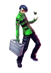  1boy absurdres black-framed_eyewear black_pants black_shoes blue_hair briefcase cargo_pants collared_jacket commentary detached_sleeves english_commentary explosive fingerless_gloves full_body glasses gloves green_jacket grenade highres holding holding_briefcase jacket male_focus official_art orange-tinted_eyewear pants persona persona_3 persona_3_reload rectangular_eyewear second-party_source shimada_azusa shirato_jin shoes short_hair simple_background solo standing tinted_eyewear undercut white_background zipper 