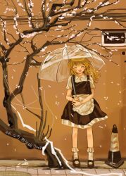  1girl :d absurdres apron artist_name black_shoes black_skirt black_vest blonde_hair bow braid cherry_blossoms closed_eyes dated facing_viewer falling_petals frilled_apron frilled_skirt frilled_socks frills full_body gaiyonghunichengyinshexianweiguiwufaxianshi hair_bow highres holding holding_umbrella kirisame_marisa legs_apart long_hair mary_janes medium_skirt missing_headwear open_mouth outdoors petals pink_petals shirt shoes shorts side_braid single_braid skirt smile socks solo standing touhou traffic_cone transparent transparent_umbrella tree umbrella vest waist_apron white_apron white_bow white_shirt white_socks 