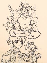  4girls beans breasts chain closed_mouth commentary_request cuffs dress hair_bobbles hair_ornament horns hoshiguma_yuugi kisume kurodani_yamame large_breasts long_hair mamemaki masu menotama mizuhashi_parsee multi-source_commentary multiple_girls oni open_mouth pointy_ears puffy_short_sleeves puffy_sleeves scarf setsubun shackles sharp_teeth shirt short_hair short_sleeves single_horn skirt smile speech_bubble teeth touhou traditional_media translation_request very_long_hair 