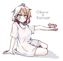  1girl bandaid bandaid_on_face brown_hair character_name commentary_request crab dress grey_eyes highres kantai_collection long_shirt looking_at_viewer oboro_(kancolle) shirt short_hair simple_background sitting smile tatahai white_background white_dress white_shirt yokozuwari 