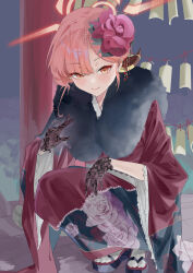  1girl absurdres aru_(blue_archive) aru_(new_year)_(blue_archive) black_gloves blue_archive blush chinese_commentary closed_mouth commentary_request demon_girl demon_horns fa_si_faas floral_print floral_print_kimono flower fur-trimmed_kimono fur_trim gloves hair_flower hair_ornament halo highres horns japanese_clothes kimono official_alternate_costume official_alternate_hairstyle print_kimono red_flower red_hair red_halo red_kimono sandals short_hair smile solo squatting tabi wide_sleeves yellow_eyes 