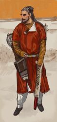  1boy absurdres arrow_(projectile) beard belt black_shoes facial_hair highres male_focus mossacannibalis mustache orange_sky original outdoors quiver shoes sky solo white_belt 