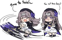  2girls absurdres beret black_hat blush chibi choker clone closed_eyes closed_mouth dress dual_persona english_text flower full_body hair_intakes hammer happy hat hat_flower herta_(honkai:_star_rail) herta_(puppet)_(honkai:_star_rail) highres holding holding_hammer honkai:_star_rail honkai_(series) kuru_kuru_(meme) long_hair long_sleeves looking_at_another meme multiple_girls multiple_views open_mouth outstretched_arms purple_choker purple_flower revision sesield simple_background smile spinning tearing_up violet_eyes white_background 