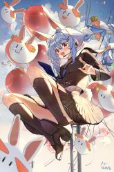  1girl :d absurdres alternate_costume animal_ears black_sailor_collar black_serafuku black_shirt black_shoes black_skirt black_socks blue_hair blue_necktie blue_sky braid carrot_hair_ornament clouds extra_ears food-themed_hair_ornament full_body hair_ornament hairclip haruhina_purple headset highres hikimayu hololive kneehighs loafers long_hair looking_at_viewer multicolored_hair necktie open_mouth orange_eyes parallel_hairclips pekomon_(usada_pekora) pleated_skirt rabbit-shaped_pupils rabbit_ears rabbit_girl rabbit_tail ribbed_socks sailor_collar school_uniform serafuku shirt shoes short_eyebrows sidelocks skirt sky smile socks solo symbol-shaped_pupils tail thick_eyebrows twin_braids two-tone_hair usada_pekora virtual_youtuber white_hair 