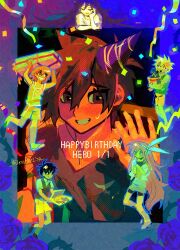  2girls 4boys adversarial_noise antenna_hair aqua_hairband aubrey_(faraway)_(omori) aubrey_(omori) basil_(faraway)_(omori) basil_(omori) black_eyes black_hair black_sweater_vest blonde_hair blue_shirt brown_hair brown_shorts commentary confetti crop_top dated denim denim_skirt flower food gift green_eyes hair_flower hair_ornament hairband happy_birthday hat hero_(faraway)_(omori) hero_(omori) highres holding holding_food holding_gift holding_pizza holding_plant honshiya jacket kel_(faraway)_(omori) kel_(omori) long_hair mari_(omori) mari_(spirit)_(omori) multiple_boys multiple_girls omori orange_shorts orange_tank_top party_hat pink_hair pizza plant shirt short_hair shorts signature skirt smile sunny_(omori) sweater_vest tank_top untranslatable_commentary white_jacket 