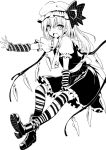  arm_warmers boots flandre_scarlet greyscale hat kojima_saya long_hair monochrome open_mouth outstretched_arm simple_background skirt skirt_set solo striped striped_legwear thigh-highs thighhighs touhou wings 