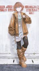  1girl against_wall black_thighhighs blue_eyes boots brown_hair brown_jacket closed_mouth commentary dress english_commentary flippy_(cripine111) grass highres jacket jewelry lace leaning_back leather leather_jacket looking_to_the_side original short_hair solo thigh-highs white_dress 