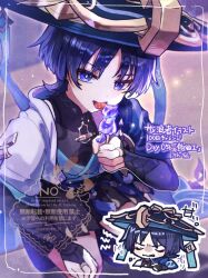  1boy arm_at_side armor black_bodysuit black_bridal_gauntlets black_hat black_shorts blue_cape blue_kimono blue_sleeves blunt_ends bodysuit bridal_gauntlets bright_pupils candy cape character-themed_food clenched_hand commentary_request eyeliner feathers fingernails food from_above genshin_impact gold gold_ring gold_trim gurumin_(gurruguru) hakama hakama_shorts hand_up hat holding holding_candy holding_food japanese_armor japanese_clothes jingasa juban kimono kote kurokote layered_sleeves looking_at_viewer makeup male_focus mandarin_collar middle_ring open_clothes open_kimono pleated_shorts pom_pom_(clothes) purple_hair red_eyeliner scaramouche_(cat)_(genshin_impact) scaramouche_(genshin_impact) short_sleeves shorts shoulder_peek side_cape solo squatting tongue tongue_out translation_request tsurime twitter_username uneven_eyes violet_eyes wanderer_(genshin_impact) watermark white_kimono white_pupils white_sleeves yellow_feathers 