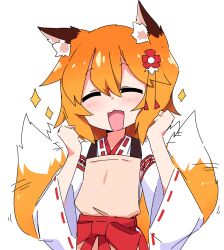  1girl animal_ear_fluff animal_ears apron blush brown_apron closed_eyes flower fox_ears fox_girl fox_tail hair_between_eyes hair_flower hair_ornament hakama hakama_skirt happy highres japanese_clothes kimono long_sleeves nickrougha open_mouth red_hakama ribbon-trimmed_sleeves ribbon_trim senko_(sewayaki_kitsune_no_senko-san) sewayaki_kitsune_no_senko-san short_hair simple_background skirt smile solo star_(symbol) tail tail_wagging upper_body white_background white_kimono wide_sleeves 