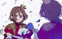  2boys ascot blue_eyes brooch brown_hair clone commentary_request crown epaulettes flower gloves hair_between_eyes holding holding_scepter jacket jewelry king_of_prism looking_at_another male_focus medium_hair multiple_boys norizuki_jin open_mouth petals pretty_rhythm pretty_series red_jacket rose scepter upper_body white_flower white_gloves white_rose yunomikuchi 