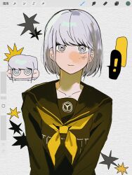  1boy art_program_in_frame black_shirt chinese_commentary closed_mouth commentary_request crossdressing crossdressing_(mtf) grey_eyes grey_hair highres j0566 long_sleeves male_focus narukami_yu neckerchief no_nose persona persona_4 ringed_eyes sailor_collar school_uniform shirt short_hair smile solo speech_bubble translation_request yasogami_school_uniform yellow_neckerchief 