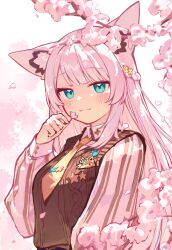  1girl absurdres alternate_hair_color animal_ears aqua_eyes blush breasts brown_necktie brown_sweater cherry_blossoms closed_mouth collared_shirt commentary deaver flower fox_ears fox_girl highres holding holding_flower hololive long_hair long_sleeves looking_at_viewer necktie paw_ornament pink_flower pink_hair pink_shirt shirakami_fubuki shirakami_fubuki_(11th_costume) shirt smile solo striped_clothes striped_shirt sweater tie_clip virtual_youtuber 
