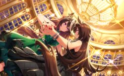  2girls animal_ears argyle_clothes argyle_dress artist_request ballroom bare_arms bare_shoulders belt black_belt black_dress black_nails bracelet brown_hair chain_belt chandelier closed_mouth collared_dress cowboy_shot crown dancing determined dot_nose dress dutch_angle ear_through_crown eye_contact formal_clothes frilled_dress frills fur-trimmed_dress fur_trim furrowed_brow game_cg gold_crown green_dress grin hair_between_eyes happy high_collar highres holding_hands horse_ears horse_girl horse_tail indoors interlocked_fingers jewelry lace-trimmed_dress lace_trim long_hair looking_at_another mini_crown multicolored_hair multiple_girls nail_polish night official_alternate_costume official_art red_eyes red_nails short_dress sirius_symboli_(enchainment)_(umamusume) sirius_symboli_(umamusume) sleeveless sleeveless_dress smile standing streaked_hair symboli_rudolf_(enchainment)_(umamusume) symboli_rudolf_(umamusume) tail third-party_source umamusume very_long_hair violet_eyes window 