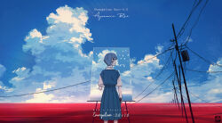  1girl absurdres artist_logo ayanami_rei blue_dress blue_hair blue_sky character_name clouds commentary copyright_name cumulonimbus_cloud day dress easel evangelion:_3.0+1.0_thrice_upon_a_time from_behind highres logo looking_to_the_side neon_genesis_evangelion nureta_kasa outdoors rebuild_of_evangelion school_uniform shirt short_hair sky solo tokyo-3_middle_school_uniform utility_pole white_shirt 