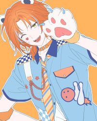  1boy ;d absurdres animal_collar animal_ears animal_hands bear_ears blue_shirt blue_streaks breast_pocket collar commentary_request dutch_angle ensemble_stars! facial_mark fake_animal_ears fake_claws fangs gloves green_eyes hand_on_own_hip hand_up heart heart_facial_mark highres jy_ttmy korean_commentary kuma_kuma_resq_(ensemble_stars!) looking_at_viewer male_focus medium_hair multicolored_hair necktie one_eye_closed open_mouth orange_background orange_collar orange_hair outline partially_unbuttoned paw_gloves pocket ponytail shirt short_ponytail short_sleeves simple_background smile solo streaked_hair tsukinaga_leo upper_body white_outline yellow_necktie 