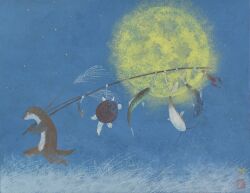  animal_focus animal_request blue_background catfish commentary_request damumun fish fishing_rod full_moon highres holding holding_fishing_rod lobster moon no_humans original otter traditional_media turtle walking yellow_moon 