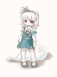  1girl black_bow black_bowtie black_hairband black_shoes bow bow_hairband bowtie chibi commentary_request crossed_bandaids echigo_yaya frilled_socks frills full_body green_skirt green_vest hairband hitodama hitodama_print konpaku_youmu konpaku_youmu_(ghost) medium_hair print_shirt print_skirt red_eyes sad shirt shoes skirt socks solo standing tearing_up torn_clothes torn_shirt torn_skirt touhou vest wavy_mouth white_hair white_shirt 