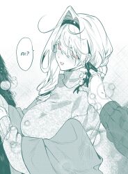  1boy 1girl blush breasts christmas_ornaments christmas_tree commentary decorating_christmas_tree drill_hair gohagan_(unholymilk) hair_bun hair_over_eyes hair_ribbon highres large_breasts lips long_hair long_sleeves monochrome original parted_lips pink_eyes pink_lips pov pov_hands ribbon side_drill smile solo_focus sparkle sparkling_aura speech_bubble spot_color sweat thai_text translation_request unholymilk untranslatable_commentary upper_body 