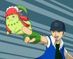  1boy alternate_form baseball_cap chikorita child commentary drawfag gloves hat iori_junpei male open_mouth persona persona_3 pokemon pokemon_(anime) pokemon_(creature) red_hair redhead satoshi_(pokemon) satoshi_(pokemon)_(cosplay) yoshino_chidori 