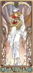  1990s_(style) 1girl ai_tenshi_densetsu_wedding_peach art_nouveau barefoot border choker flower holding holding_flower ichiishi_sayuri medium_hair official_art ornate_border red_hair retro_artstyle robe scarlet_ohara solo tree 