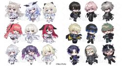 6+boys 6+girls :d ^_^ belt belt_buckle black_belt black_hair black_jacket black_pants black_shirt blue_eyes blush brown_eyes brown_hair brown_thighhighs buckle character_request chibi closed_eyes closed_mouth commentary_request copyright_request drawstring dress earrings eyewear_on_head gradient_hair grey_eyes grey_hair grey_hoodie grey_shirt hair_between_eyes heterochromia highres hood hood_down hooded_jacket hoodie horns jacket jacket_over_shoulder jewelry long_sleeves loose_socks multicolored_hair multiple_boys multiple_girls neo-porte one_eye_closed one_side_up open_clothes open_jacket outstretched_arm overall_shorts overalls pants parted_bangs pink_hair plaid_clothes plaid_skirt pleated_dress pleated_skirt puffy_long_sleeves puffy_pants puffy_sleeves purple_hair purple_shirt purple_socks red_eyes red_hair ribbed_shirt sample_watermark sharp_teeth shirt shoes shorts skirt sleeves_past_fingers sleeves_past_wrists smile socks streaked_hair sunglasses teeth thigh-highs twintails unworn_jacket violet_eyes watermark white_background white_belt white_dress white_jacket white_pants white_shoes white_shorts white_skirt white_socks yamabukiiro 