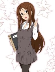  :o blush book brown_eyes brown_hair female glasses ikari_manatsu k-on! leaf long_hair pantyhose solo sweater_dress teacher yamanaka_sawako 