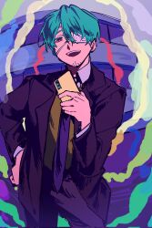  1boy brown_jacket brown_pants cellphone collared_shirt commentary eyepatch facial_hair genderswap genderswap_(ftm) green_hair hatsune_miku highres holding holding_phone jacket kimtooth leaning_forward long_hair looking_at_viewer male_focus medical_eyepatch miku-oji monitoring_(vocaloid) open_mouth pants phone shirt short_hair smile solo stubble vocaloid white_shirt yellow_eyes 
