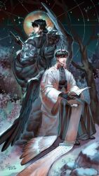  2boys absurdres back-to-back bare_tree black_eyes black_hair black_robe black_shirt black_wings chinese_clothes claws clothing_request colored_extremities commentary dafffav demon_horns earrings feathered_wings full_body highres holding holding_paper holding_sword holding_weapon horns jewelry kim_dokja long_hair male_focus multiple_boys official_alternate_costume omniscient_reader's_viewpoint paper planet ponytail robe scabbard scroll sheath shirt short_hair smile sword tassel tassel_earrings tree weapon white_robe wing_cape wings yoo_joonghyuk 
