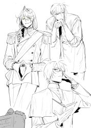  3boys adjusting_eyewear apron book cake cake_slice cape closed_mouth commentary_request cropped_legs drill_hair epaulettes food frilled_cuffs frown genderswap genderswap_(ftm) glasses gloves green_eyes hair_between_eyes hair_ribbon highres holding holding_book jacket jewelry long_hair long_sleeves looking_at_viewer looking_to_the_side monochrome multiple_boys necklace open_book original own_hands_together pants parted_lips red_eyes ribbon short_hair side_drill simple_background sketch sleeves_rolled_up smile spot_color sweat thai_commentary unholymilk upper_body vest violet_eyes white_background 