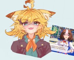  2girls :3 :d ahoge animal_ears aqua_eyes aqua_shirt black_jacket blonde_hair dokibird dokibird_(bounty_hunter) english_text grey_background hair_ornament hairclip highres indie_virtual_youtuber jacket kemonomimi_mode looking_at_viewer medium_hair meisho_doto_(umamusume) multiple_girls neckerchief orange_neckerchief reference_inset screenshot_inset shaded_face shirt simple_background smile troubleshooter_bun umamusume upper_body virtual_youtuber 