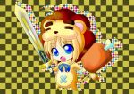  ahoge aka_kitsune animal_costume bad_id blonde_hair blue_eyes boned_meat checkered checkered_background dual_wielding excalibur fang fate/stay_night fate_(series) food lion_costume meat ribbon saber_lion solo sword tail weapon 