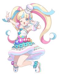  1girl ;d ahoge blonde_hair blue_dress blue_eyes blue_streaks blunt_bangs commentary_request daia_(pri_chan) detached_collar double_v dress full_body fur-trimmed_dress fur_trim hat highres jumping kiratto_pri_chan long_hair looking_at_viewer mini_hat multicolored_hair one_eye_closed open_mouth pink_streaks pretty_series sidelocks simple_background smile solo strapless strapless_dress streaked_hair twintails v v_over_eye very_long_hair white_background white_dress wrist_cuffs yunomikuchi 