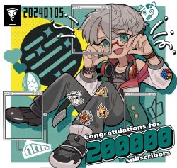  1boy :d arurandeisu arurandeisu_(1st_costume) black_shirt bracelet claw_pose commentary congratulations dark-skinned_male dark_skin dated drop_shadow english_text glasses green_background green_eyes grey_hair grey_pants hands_up headphones headphones_around_neck heart highres holostars jacket jacket_partially_removed jewelry male_focus milestone_celebration off_shoulder open_mouth pants pizza-kun_(arurandeisu) red-framed_eyewear rubik's_cube shirt short_hair sitting smile solo sticker sticker_on_clothes undercut untranslatable_commentary virtual_youtuber window_(computing) xxmabukaxx 