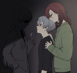  1girl 2boys absurdres bags_under_eyes black_eyes black_shirt cardigan collared_shirt commentary_request dog_tags dress_shirt from_side green_cardigan grey_background grey_hair hand_in_pocket hand_up hands_on_another's_shoulders highres holding_dog_tags hyoutenka_30-do_no_zetsubou jh kuchinashi_dabi kuchinashi_dabi's_senpai long_hair looking_at_another medium_hair mitsudomoe_koubou_(series) mole mole_under_eye multiple_boys necktie no_sclera partially_colored profile red_hair shaded_face shirt straight_hair suit sunglasses three-quarter_sleeves tonimura_yui very_long_hair 