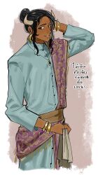  1boy aqua_shirt black_eyes black_hair bracelet brown_background brown_sash commentary_request cow_horns cowboy_shot dark-skinned_male dark_skin earrings grey_horns hair_bun highres horns jewelry looking_to_the_side male_focus medium_hair necklace nose original parted_lips purple_ribbon ribbon ring shirt sidelocks sketch smile solo thai_commentary thai_text translation_request unholymilk watercolor_background white_background 