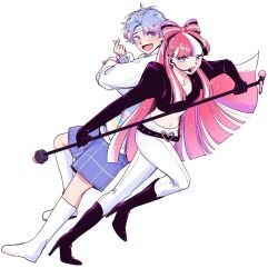 1boy 1girl belt blue_hair blush bow-shaped_hair cookie_run cookie_run:_ovenbreak cropped_jacket eyelashes eyeliner finger_heart glitter glitter_in_hair hair_ornament headband headset heart high_heel_boots holding holding_microphone holding_microphone_stand hoodie long_hair microphone multicolored_hair pants pink_hair popping_candy_cookie shining_glitter_cookie short_hair shorts smile third-party_source white_background white_pants