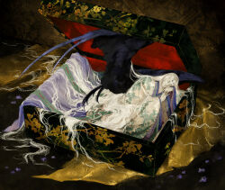  1other absurdres ambiguous_gender box caelestifer colored_skin commentary constellation_print english_commentary faux_traditional_media floral_print floral_print_kimono gender_request heian highres japan japanese_clothes kimono layered_clothes layered_kimono long_hair mini_person original print_kimono sleeping tagme white_hair white_skin 