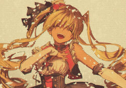  ^_^ bare_shoulders black_bow black_bowtie black_collar black_corset black_skirt black_vest blonde_hair bow bowtie brooch closed_eyes collar collared_vest commentary_request confetti corset crt detached_collar dot_nose drill_hair elbow_gloves flower flower_brooch frilled_vest frills gift gloves grey_background hair_between_eyes hair_bow hair_flower hair_ornament hand_on_own_chest happy idol jewelry lapels long_hair miracle_nikki nikki_(series) open_clothes open_mouth open_vest red_flower red_rose red_vest rose shirt skirt smile strapless strapless_shirt striped_clothes striped_vest sweet_superstar_(miracle_nikki) teeth twin_drills twintails two-sided_veil upper_teeth_only uro_(uvxkf) vertical-striped_clothes vertical-striped_vest very_long_hair vest white_gloves white_shirt 