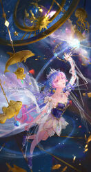  1girl ankle_boots arm_at_side arm_up armillary_sphere blue_gem blue_hair blue_ribbon boots bracelet chain clownfish collarbone commentary commission crescent crescent_hair_ornament crown crystal detached_sleeves dolphin dress earrings english_commentary fish floral_dress full_body gem glowing gold_earrings hair_between_eyes hair_ornament hair_ribbon hairband head_chain high_heel_boots high_heels highres hourglass jellyfish jewel_under_eye jewelry juanone88 long_hair looking_at_object looking_up material_growth mobile moorish_idol multicolored_hair necklace original parted_lips pearl_necklace pink_eyes pink_hair purple_boots purple_dress purple_gem reaching ribbon see-through_clothes see-through_ribbon short_dress short_sleeves sky sleeve_ribbon solo space star_(sky) star_(symbol) star_hair_ornament starry_sky strapless strapless_dress string sun_earrings sun_hair_ornament train_(clothing) tress_ribbon turtle two-tone_dress two-tone_hair white_dress white_ribbon yellow_eyes 