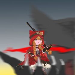  1girl animal_ear_hood animal_ears arm_warmers asymmetrical_eyewear belt belt_buckle belt_collar black_arm_warmers black_belt black_boots black_corset black_skirt blonde_hair boots braid brown-framed_eyewear buckle chibi chinese_commentary cloak collar commentary_request constricted_pupils corset cross-laced_armwear eyelashes eyes_visible_through_hair floral_print flower flower-shaped_eyewear frilled_shirt frilled_skirt frills frown fur-trimmed_arm_warmers fur_trim goggles goggles_on_headwear gold_buckle gun hair_ornament hair_over_shoulder hand_on_own_hip heart heart-shaped_eyewear heart_hair_ornament holding holding_gun holding_weapon hood hood_up hooded_cloak hoop_skirt infinity_nikki knee_boots leg_belt long_hair low_twin_braids motion_blur musket night nikki_(series) open_mouth outdoors over_shoulder print_cloak red_cloak red_skirt rose rose_print she_is_wildfire_(infinity_nikki) shenmeng33689 shirt skirt solo standing strapless strapless_shirt surprised twin_braids very_long_hair weapon weapon_over_shoulder white_shirt wolf wolf_ears yellow_eyes yellow_flower yellow_rose 