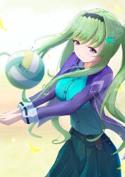  1girl absurdres aqua_shirt ball black_hairband blue_ribbon blush breasts closed_mouth collared_shirt commentary_request cowboy_shot floating_hair green_hair green_skirt hair_ornament hairband heaven_burns_red highres jacket large_breasts light_particles long_hair long_sleeves mole mole_under_mouth murofushi_risa neck_ribbon open_clothes open_jacket outstretched_arms pleated_skirt psy_(artist) purple_jacket ribbon shirt simple_background skirt smile solo split_mouth swept_bangs twintails v_arms very_long_hair violet_eyes volleyball volleyball_(object) yellow_background 