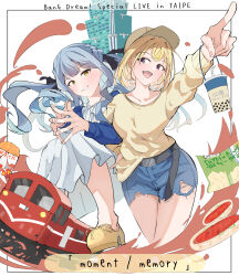  2girls absurdres bang_dream! bang_dream!_it's_mygo!!!!! baseball_cap black_ribbon blonde_hair blue_hair blue_shorts brown_hat bubble_tea commentary english_commentary hair_ribbon hat highres lilachinami locked_arms long_hair long_sleeves medium_hair misumi_uika multiple_girls open_mouth ribbon shorts sidelocks steepled_fingers sweater taipei_101 togawa_sakiko train violet_eyes yellow_eyes yellow_sweater 