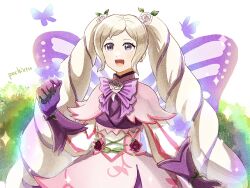  1girl blonde_hair bug butterfly butterfly_wings drill_hair earrings elise_(fire_emblem) elise_(resplendent)_(fire_emblem) fairy_wings fire_emblem fire_emblem_fates fire_emblem_heroes flower insect_wings jewelry long_hair looking_at_viewer multicolored_hair official_alternate_costume open_mouth pochi_(furaigonn) purple_hair rose smile streaked_hair twin_drills two-tone_hair white_flower white_rose wing_cape wings 