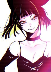  1girl animal_ears black_camisole black_choker blonde_streaks blunt_bangs camisole cat_ears choker commentary detached_sleeves eon_productions high_contrast i_ma_ge mii_reis multicolored_hair short_hair slit_pupils streaked_hair untranslatable_commentary yellow_eyes 